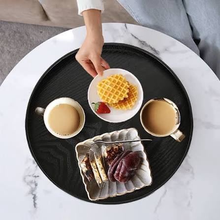 20 inch Round Solid Wood Serving Tray Extra Large Tea Coffee Snack Food Meals Serving Plate Non-Slip Kitchen Party Bar Server Ottoman Tray Breakfast Tray with Raised Edges Black