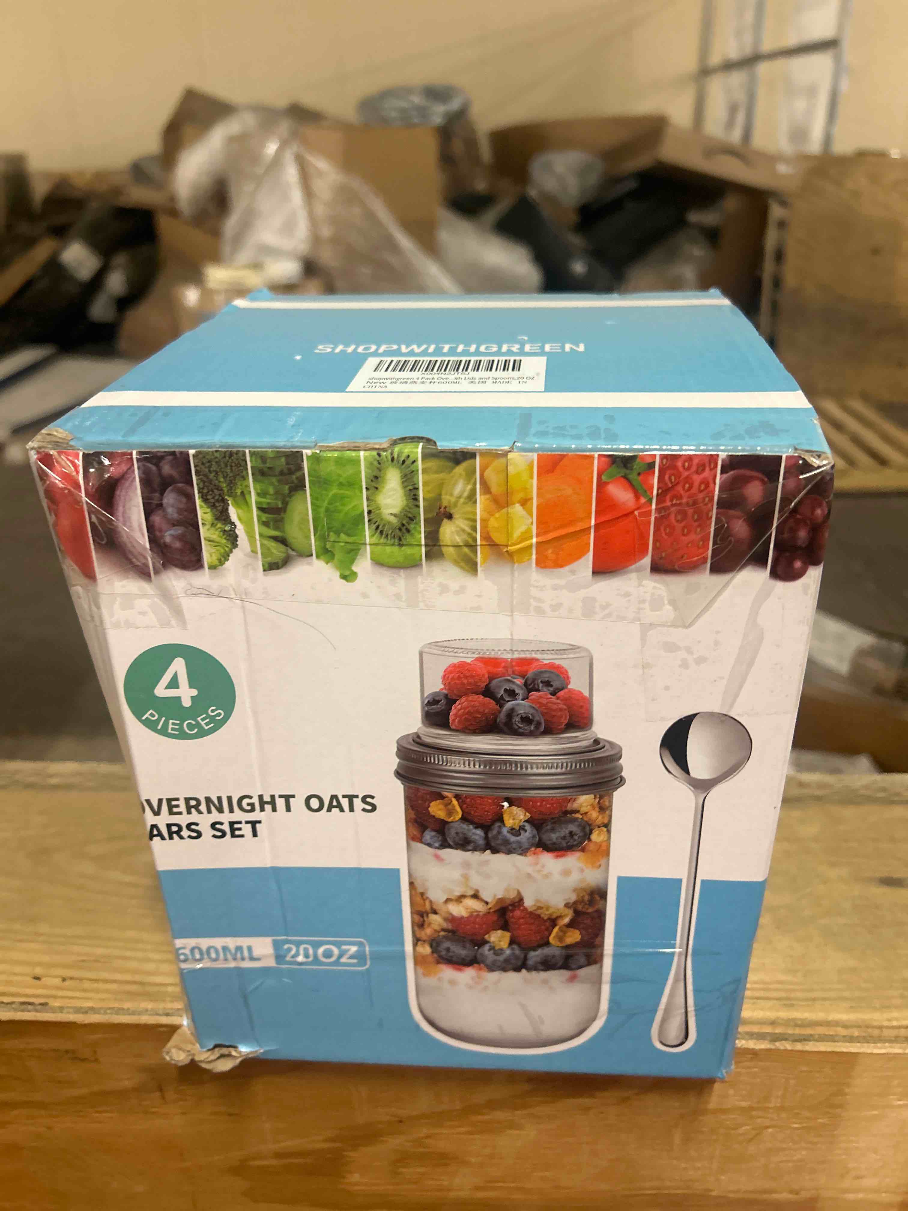 Condition photo showing New/Like New for 4 pack overnight oats containers with lids and spoons, dual-layer chia pudding jars with dry/wet separation, yogurt parfait cups, (22 oz+4oz) glass mason salad jars with lids for breakfast oatmeal