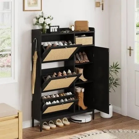 Garvee Rattan Shoe Storage Cabinet with 3 Flip Drawers, Freestanding Organizer with Adjustable Shelves for Entryway, Narrow Shoe Rack Cabinet for Hallway, Easy Assembly, Black