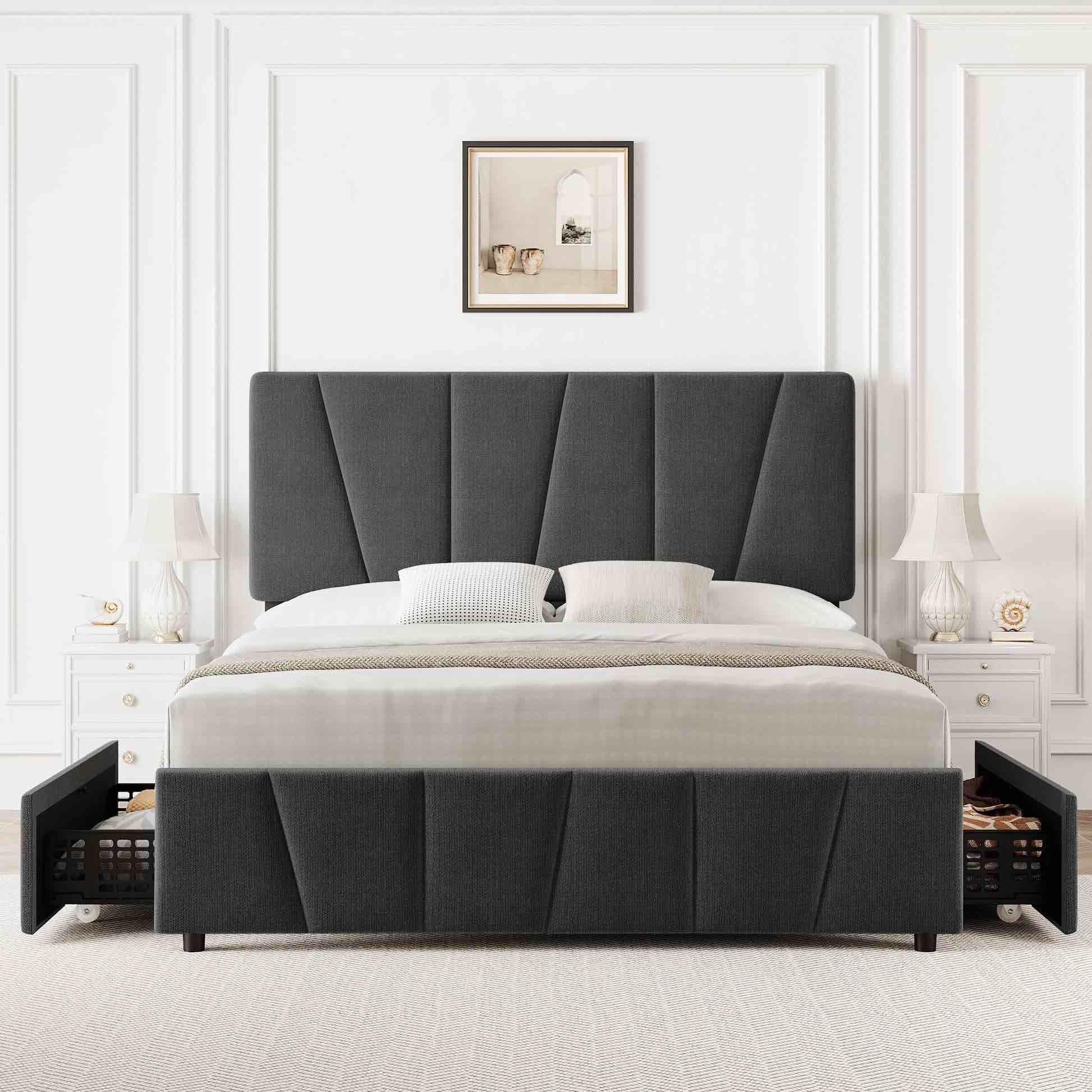 Garvee Twin Size Bed Frame with Adjustable Headboard and 2 Storage Drawers, Upholstered Platform Bed Frame with Wooden Slats Support, No Box Spring Needed, Dark Grey (Twin)