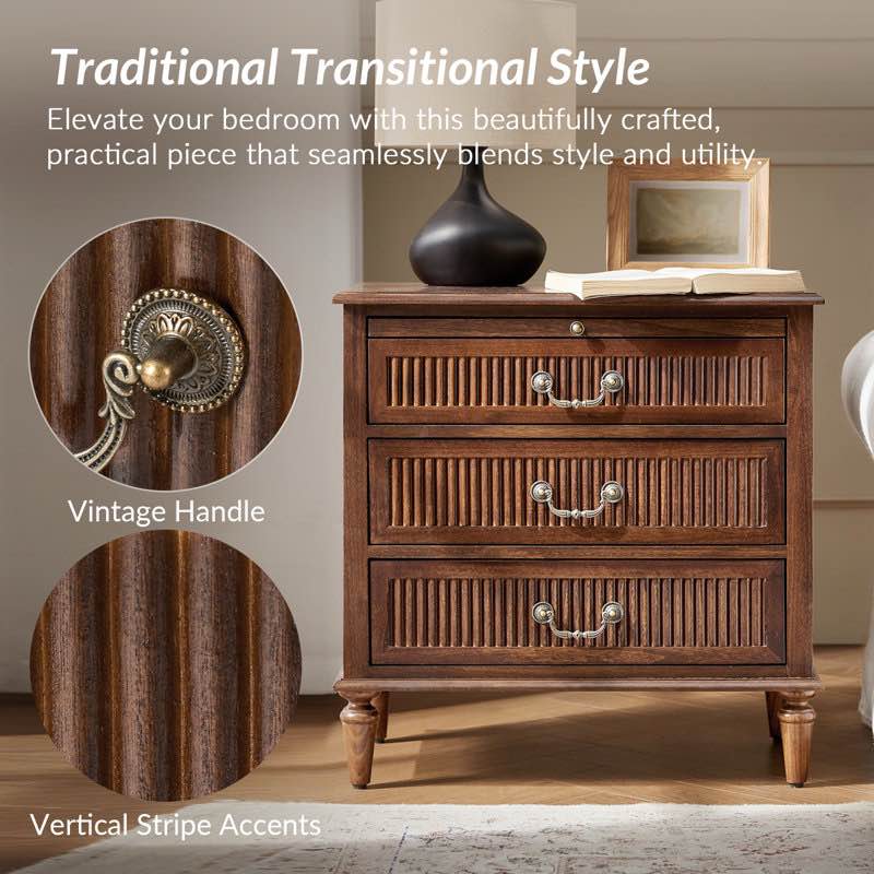 Kaybri Farmhouse 3-Drawer Fluted Solid Wood Nightstand with Built-In Outlet and Pull-out Tray’s 