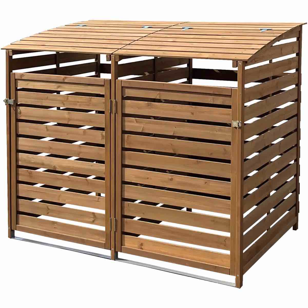 986WS0103-BRN Wooden Trash and Recyclables Bin Storage Shed with Dual Front Doors and Hinged Top Lids in Brown
