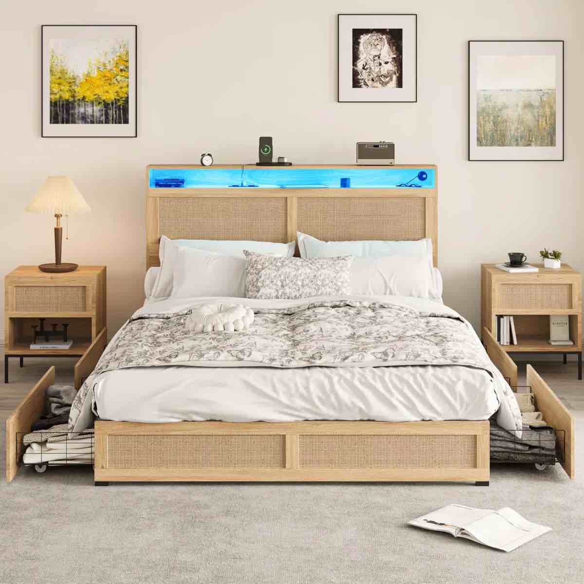 Bed Frame With 4 Storage Drawers, Upholstered Platform Bed Frame With Headboard, Built In USB-C Charging Port