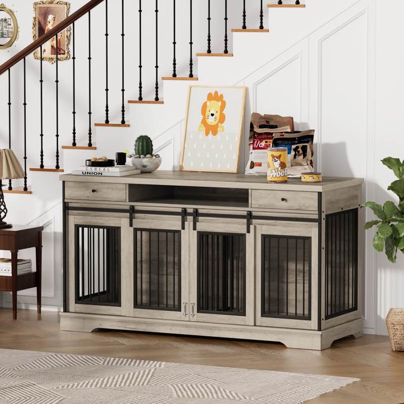 66'' Furniture Dog Crate Dog Cage TV Cabinet W/2 Drawers Removable Baffle End Table