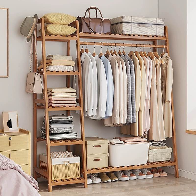 Bamboo Wood 51" W Clothes Rack Garment Rack with Tier Storage Shelves and Coat Hooks Portable Cloest Organizer Garment Rack 