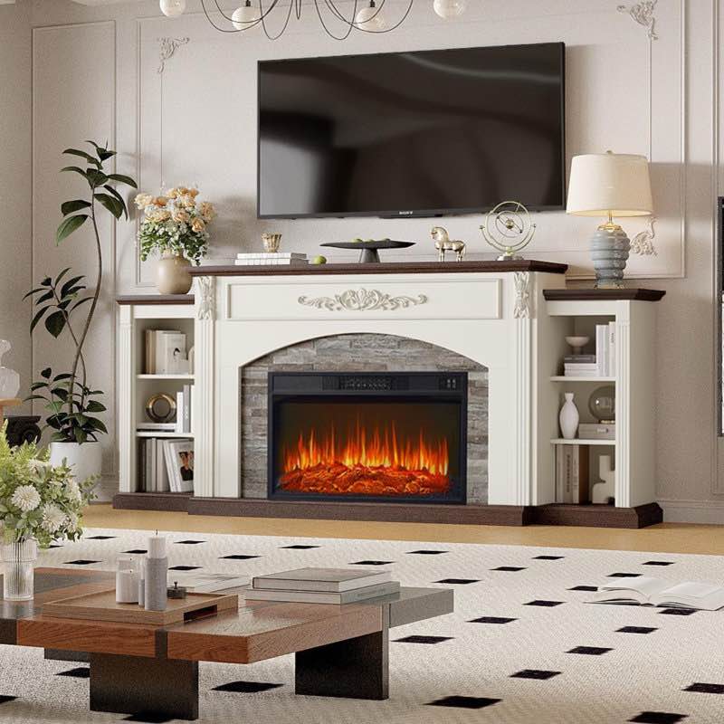 78" electric fireplace tv stand with mantel - holds 90" tvs, media storage & rustic media console for living room