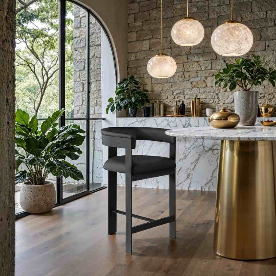 Meridian Furniture 414Black-C Romeo Collection Modern | Contemporary Counter Stool with Soft Vegan Leather, Matte Black Metal Frame, 22.5" W x 20" D x 35.5" H,, Set of 2