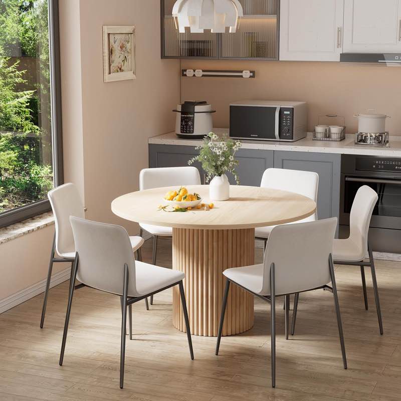 Round Solid Wood Base Dining Table for 6 , 47" Circular White Marble Tabletop