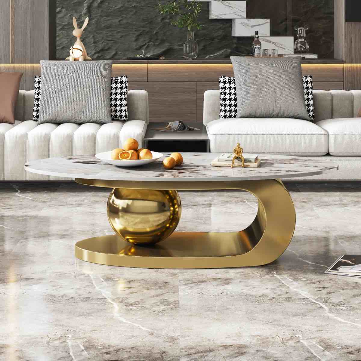 Oval Coffee Table with Contemporary Design, White Coffee Table Top with Oversized Sphere Support For Living Room Garian 