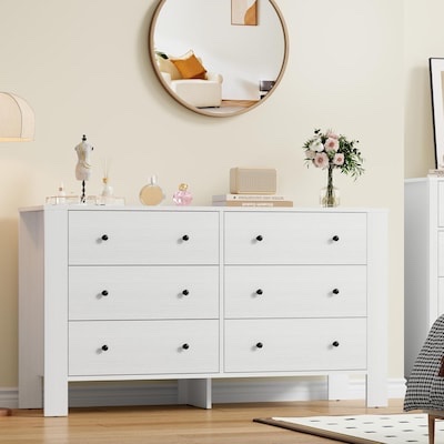 White Dresser for Bedroom Large 6 Drawer Dresser with Deep Drawers Metal Knobs Modern Wooden Double Chests of Drawers for Kids Bedroom Entryway Hallway