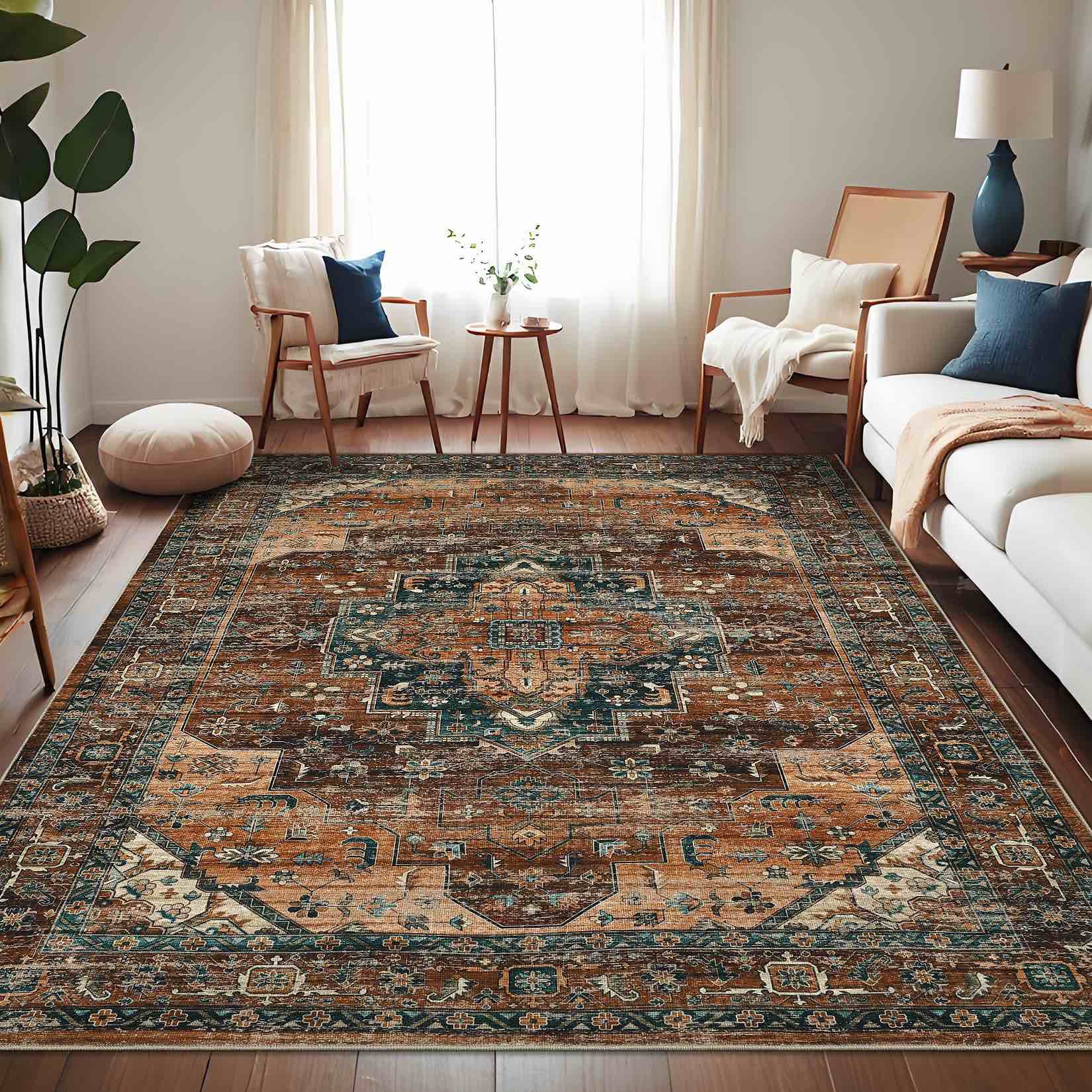 Garvee Persian Brown 9x12 Area Rugs, Machine Washable Vintage Printed Soft Low Pile Rugs, Oriental Accent Carpet with Non-Slip Backing, Stain-Resistant Distressed Floor Carpet for Living Room, Hallway, Laundry