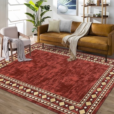 Garvee 9 x 12 (ft) Red Rectangular Indoor Border Mid-Century Modern Machine washable Area rug