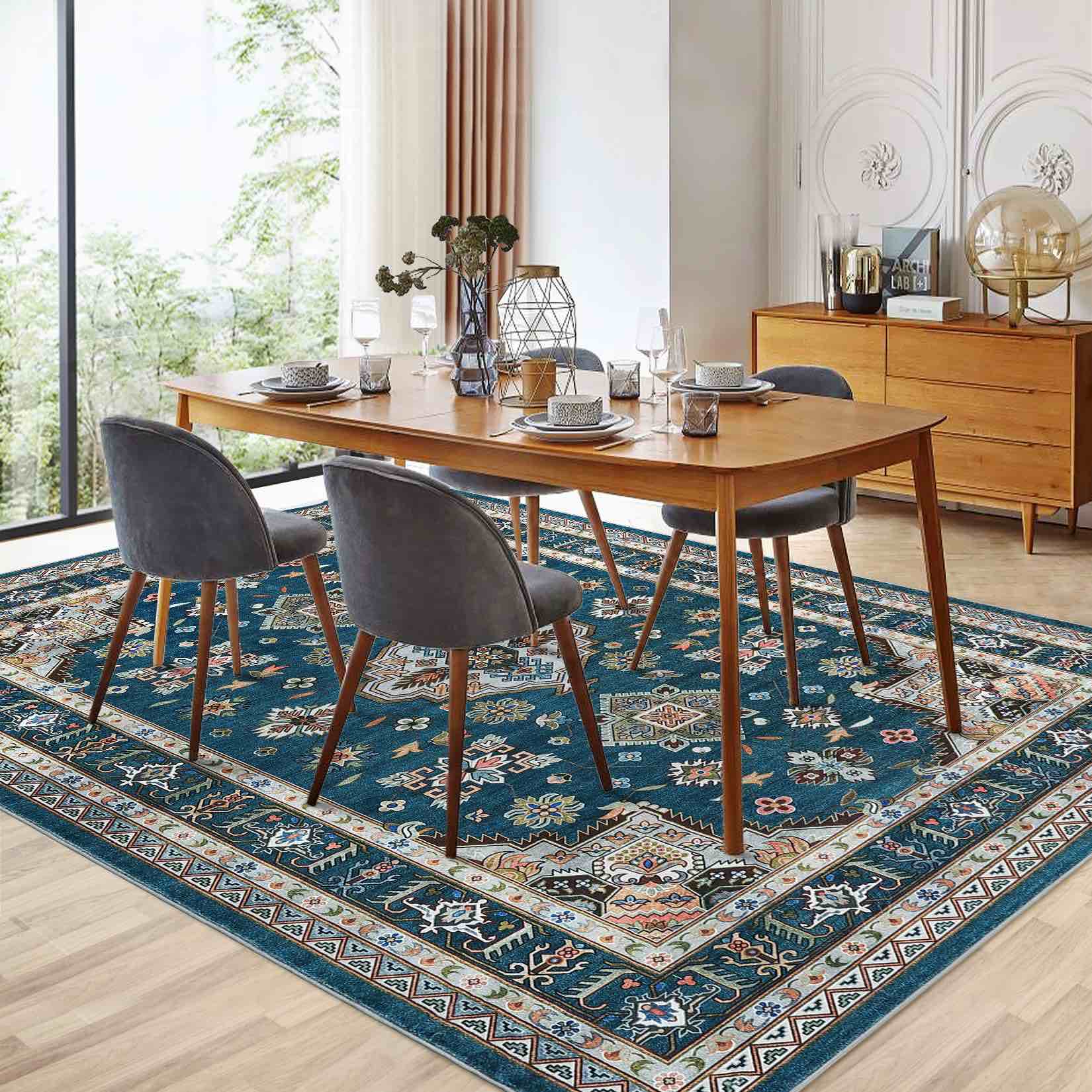 Garvee Traditional Medallion Border Area Rug, 9x12 Washable Vintage Indoor Rug, Ultra-Thin Non-Slip Print Floor Carpet for Living Room Bedroom Kitchen Dining Room, Blue-Green