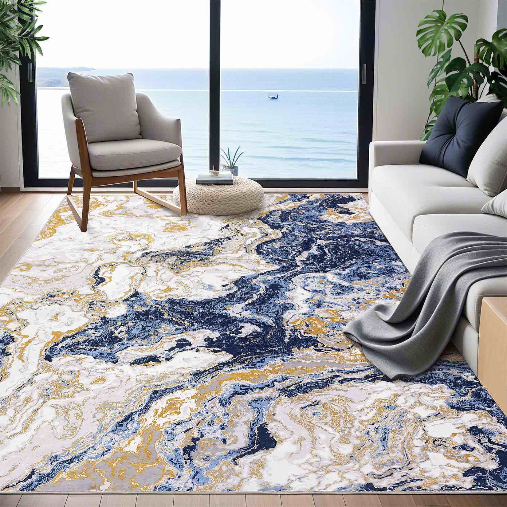 Garvee Abstract Blue 8x10 Washable Rug Modern Marble Area Rugs for Living Room with Non Slip, Boho Marble Pattern Area Rug for Kitchen Home Office