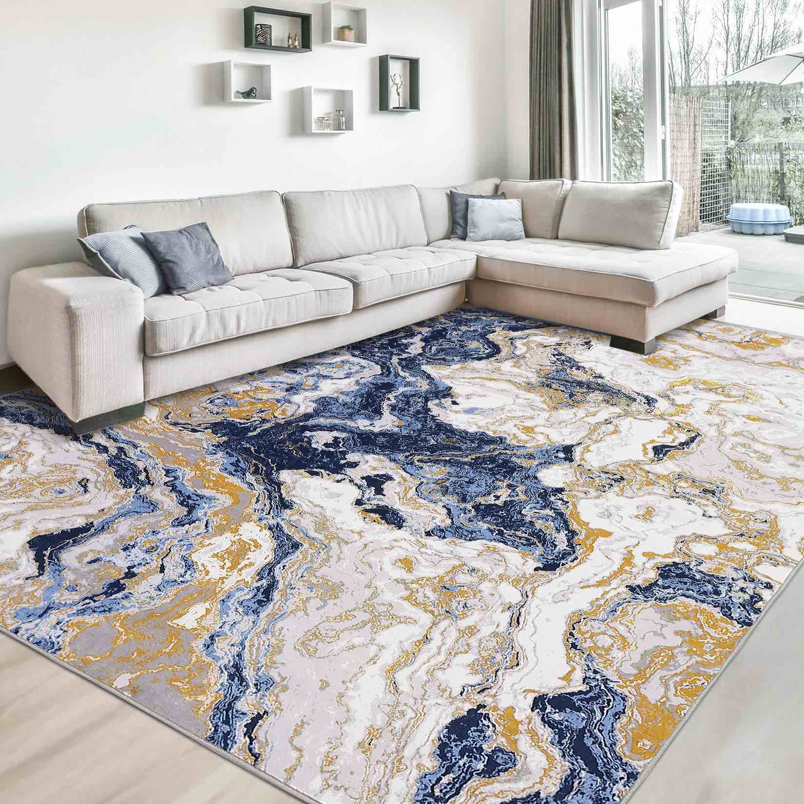 Garvee Abstract Blue 6x9 Ultra-Thin Marble Area Rug, Modern Marble Rug Luxury Living Room Rug Boho Area Rug for Bedroom Dinning Room Non Slip Abstract Floor Carpet Indoor