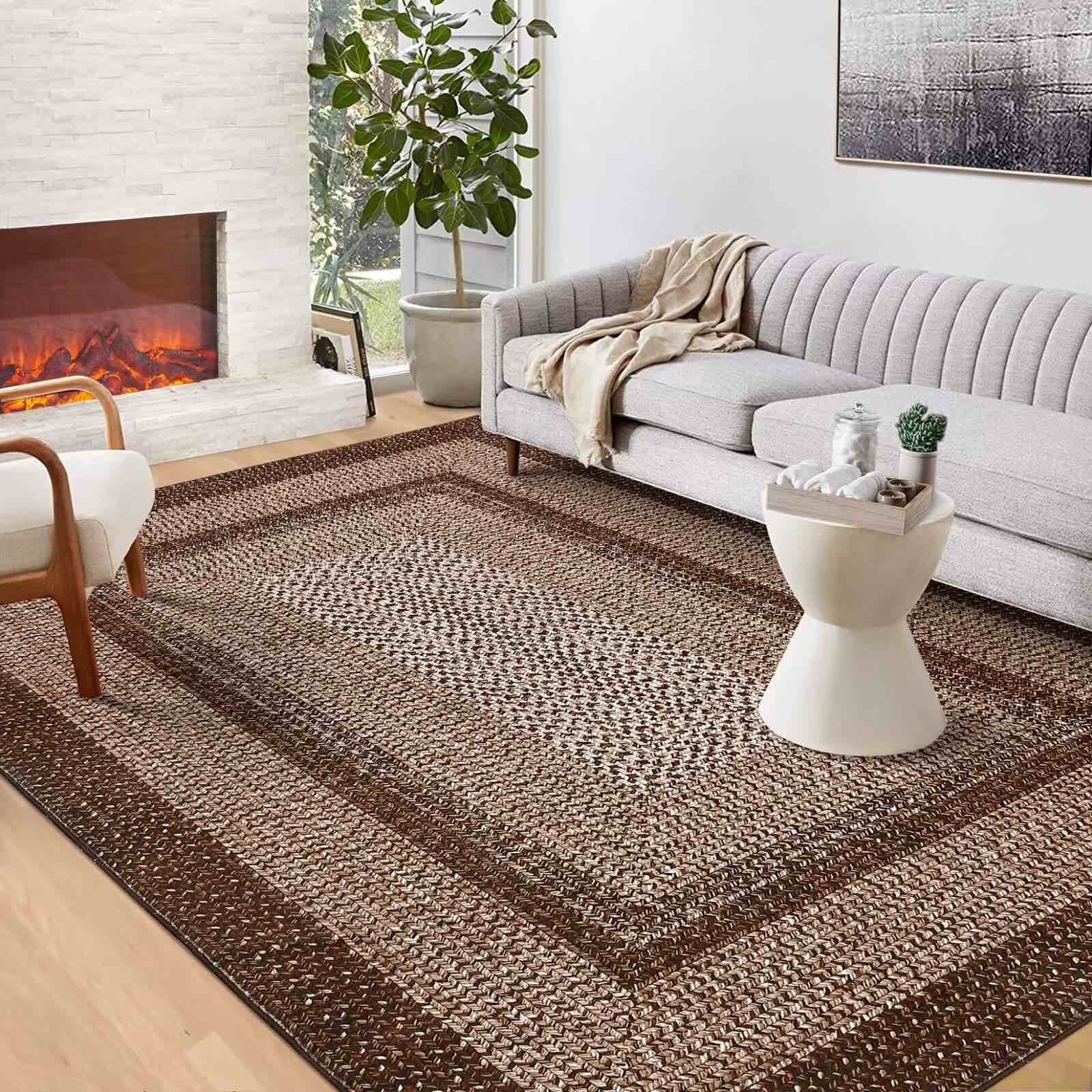 Garvee Bordered Brown 6x9 Braided Washable Rug, Low Pile Non-Slip Polyester Vintage Farmhouse Carpet for Living Room Bedroom