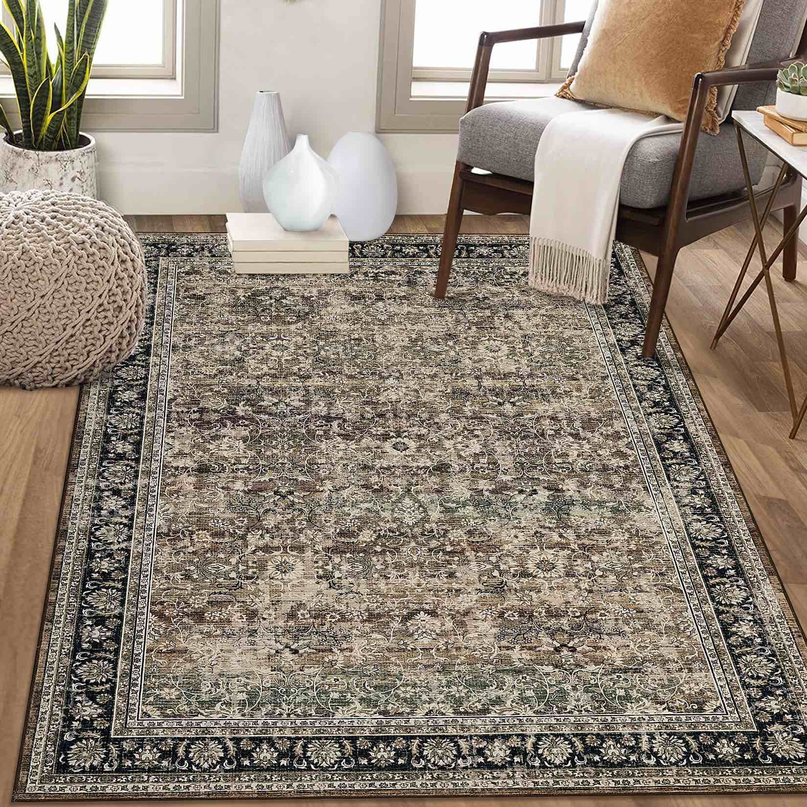 Garvee Area Rug 6x9 Vintage Floral Washable Non-Slip Low Pile Carpet Brown for Living Room Bedroom Nursery Dining Room