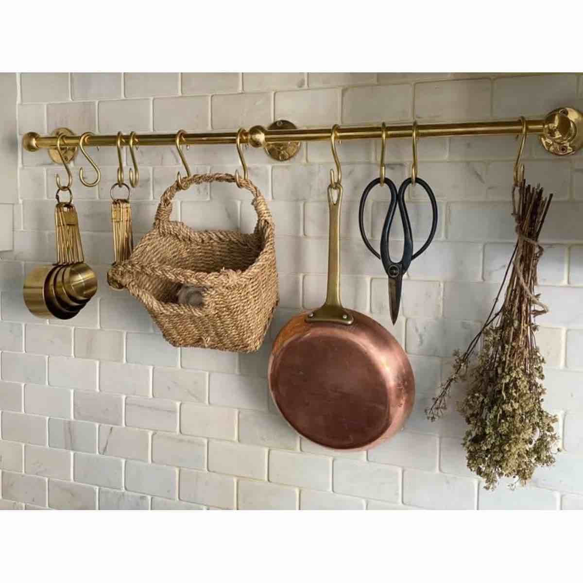Handmade Unlacquered Brass Storage Rail Rack With Hooks Wall Mounted Organizer Kitchen Pot Rack 