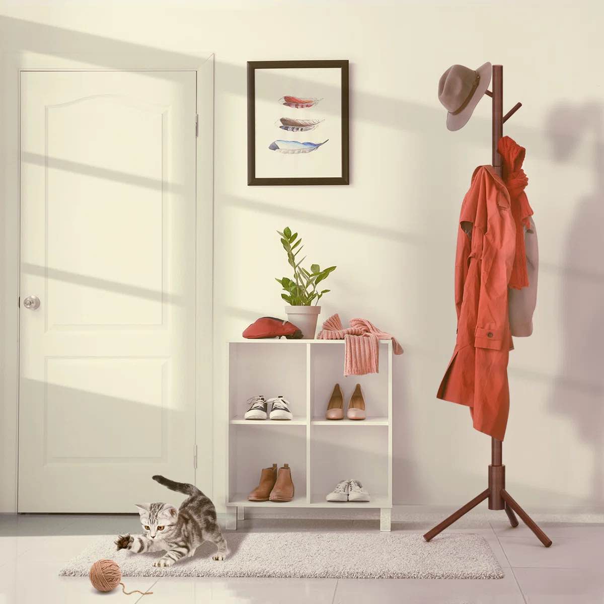 Adosinda 8 - Hook Freestanding Adjustable Solid Wood Coat Rack for Bedroom, Closet, Entrance 