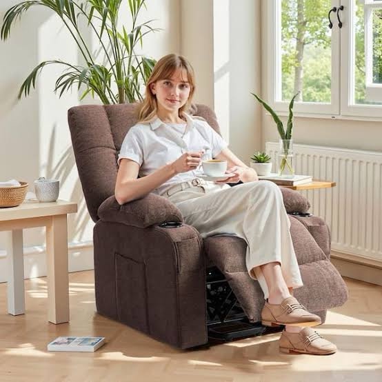 WONDER COMFORT Brown Faux Linen Electric Power Lift Chair Recliner Home Theater Seating with Vibrating Massage and Heating, Cup Holders