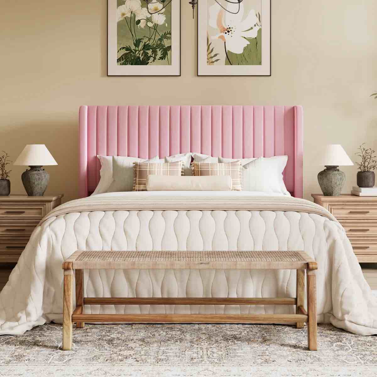 Candler Velvet Full Upholstered Platform Bed with Wingback Headboard and Wooden Slats