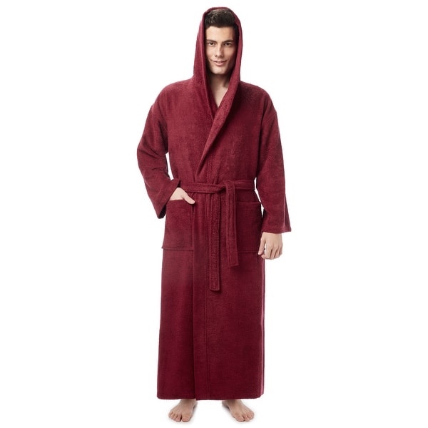 Men's Long Turkish Cotton Hooded Bathrobe - Burgundy - S-M
