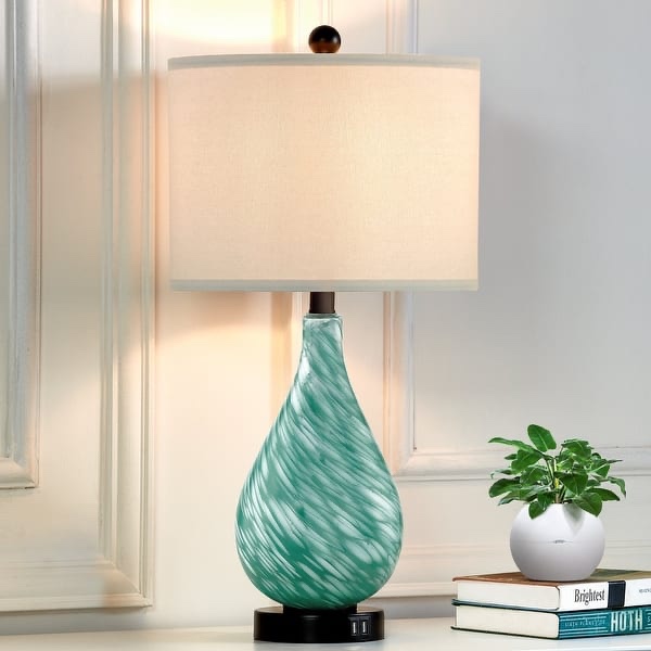 Cinkeda Table Lamp Teal Green Glass 3-Way Touch Dimming Dual USB Ports