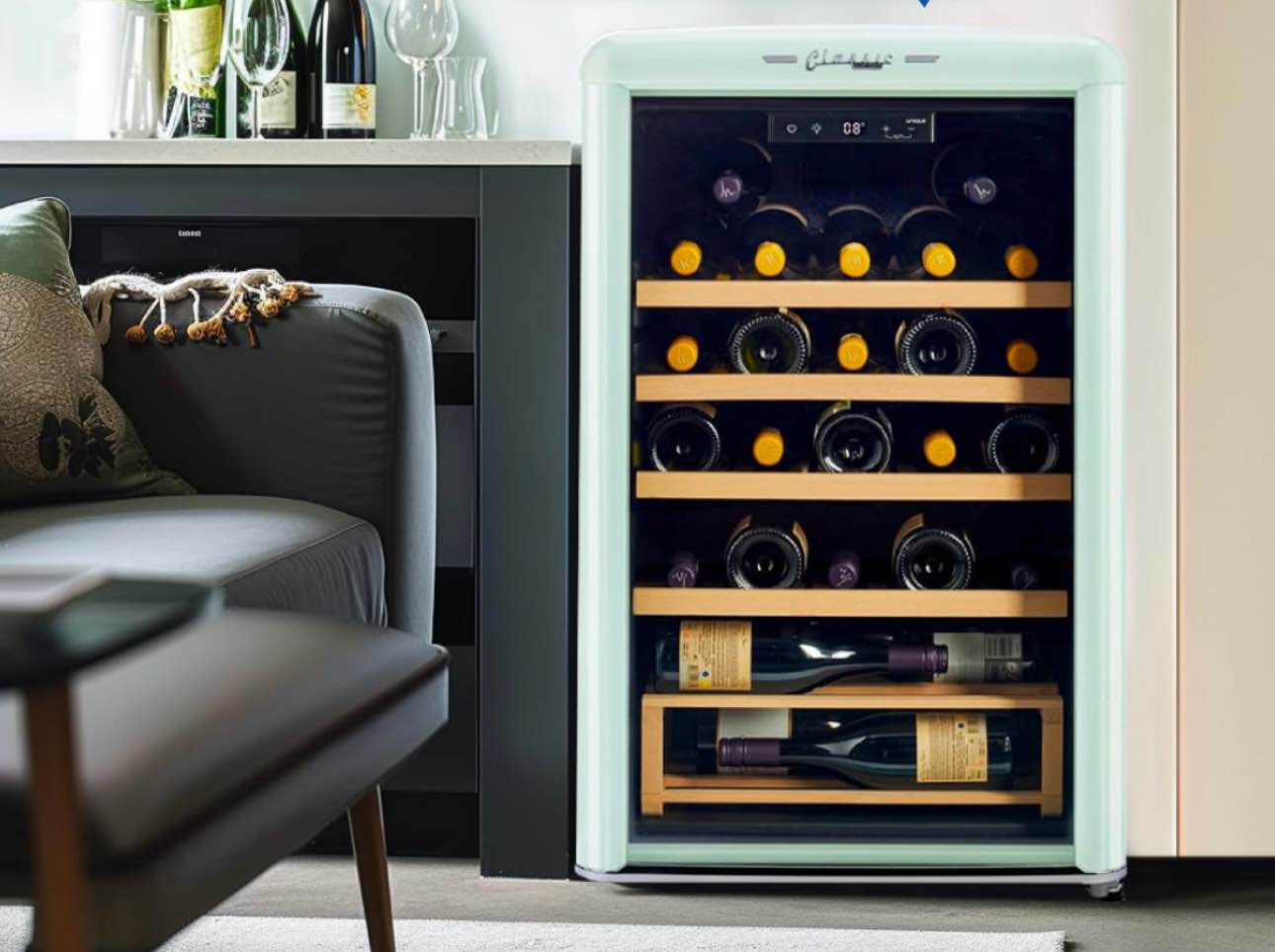 Unique Appliances Classic Retro Electric Wine Cooler, 28-Bottle Wine Fridge with Adjustable Wooden Shelves and Intuitive Digital Control Panel, Single Zone, 21", Summer Mint Green