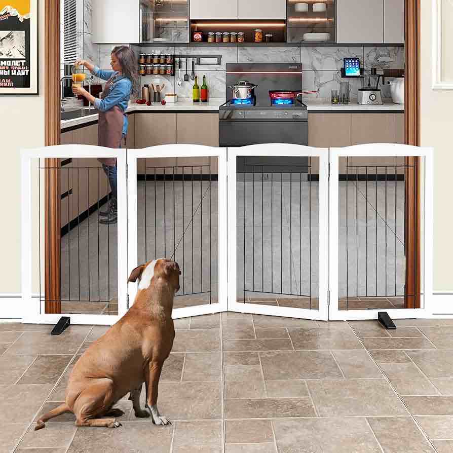 zjsf freestanding dog fence indoor, foldable dog gate for doorways, stairs or hallways, sturdy wood extra wide pet gate with support feet for the house, white, 32 "height-4 panels