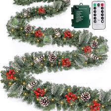 remote control&super long&8 modes-18 ft prelit canyon pine christmas garland for stairs door porch outdoor indoor fireplace mantle,100 warm white&colors switch lights,timer,460 branches pinecone berry