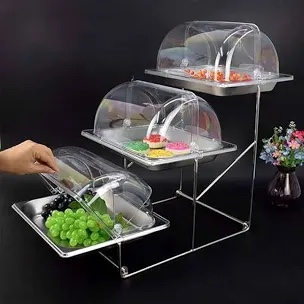 High-Capacity 3 Tiered Serving Trays Platters with Cover Stainless Steel Dessert Cupcake Table Display Stands Food Snake Fruit Catering Supplies Buffet Display Set (A2, 4cm Depth Platter with Cover)