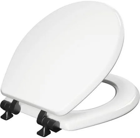 Mayfair Bennett Toilet Seat with Matte Black Hinges, Slow Close Wood Seat, Secure Metal Hinges, Easy Install, Round, White