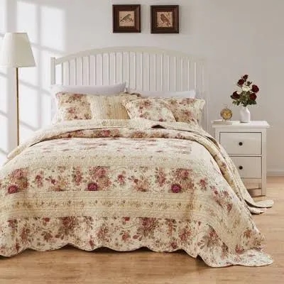 greenland home antique rose 100% cotton shabby chic bedspread set, 3-piece king, ecru