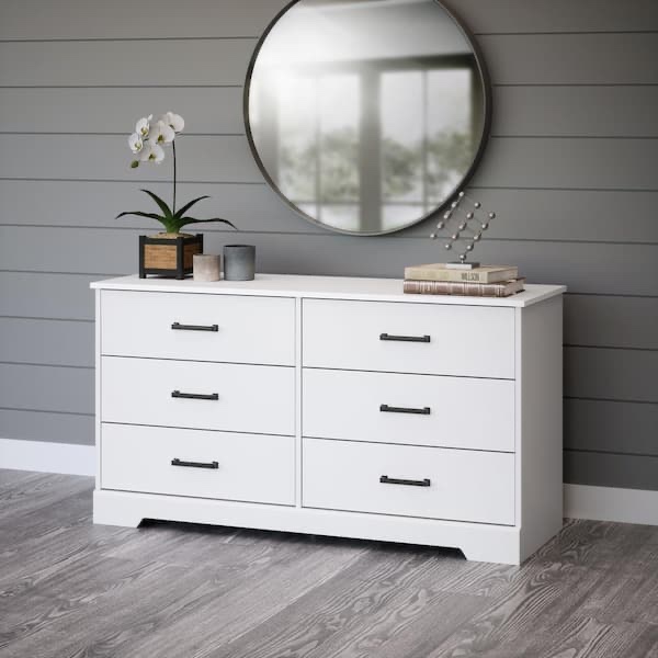 Prepac Rustic Ridge White 6-Drawer 53.25 in. x 28.5 in. x 18.25 in. Dresser, Wooden Chest of Drawers for Bedroom