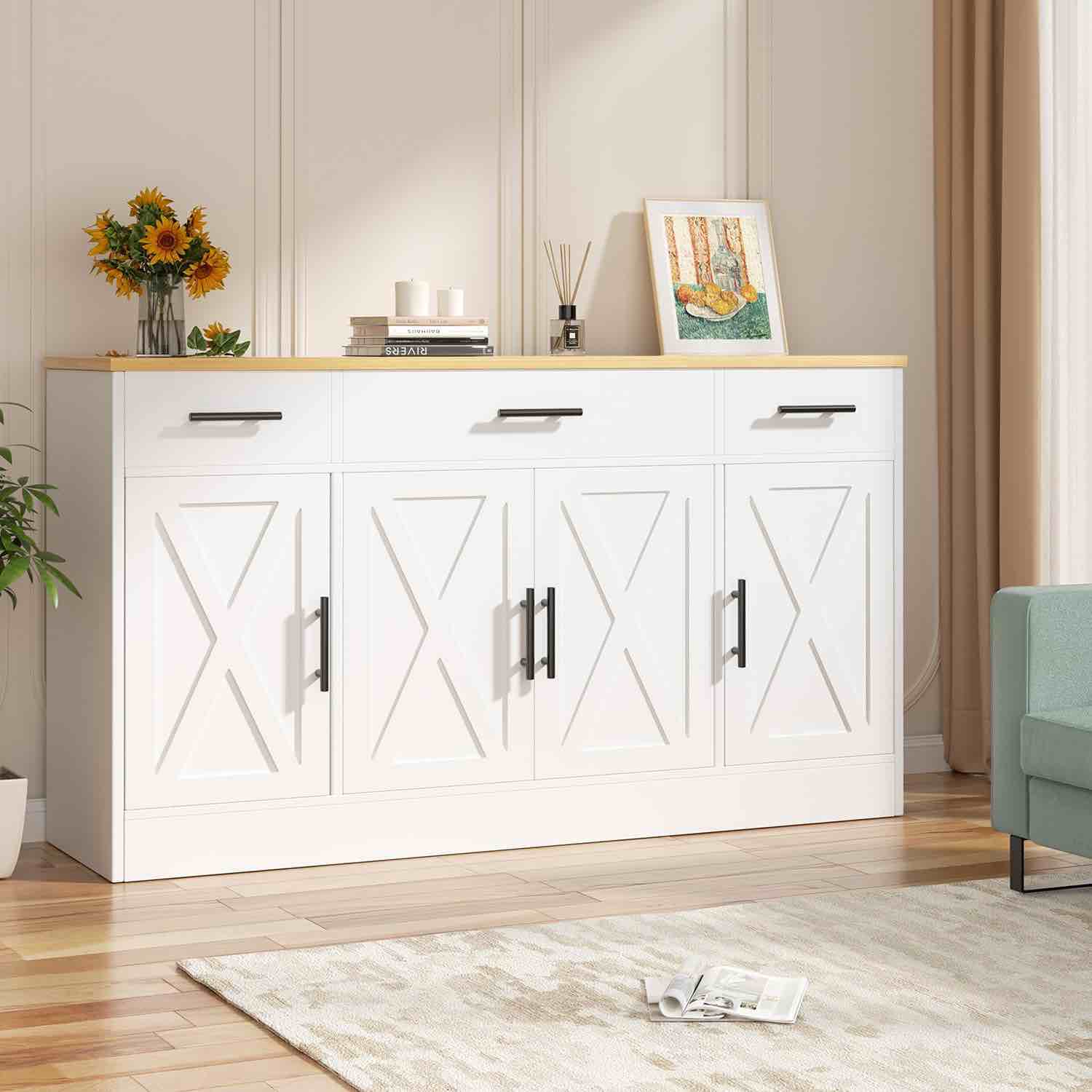 vongrasig 53' large sideboard cabinet with 4 doors and 3 drawers, farmhouse buffet table coffee bar kitchen storage cabinet, wood buffet table for kitchen, dining room, white