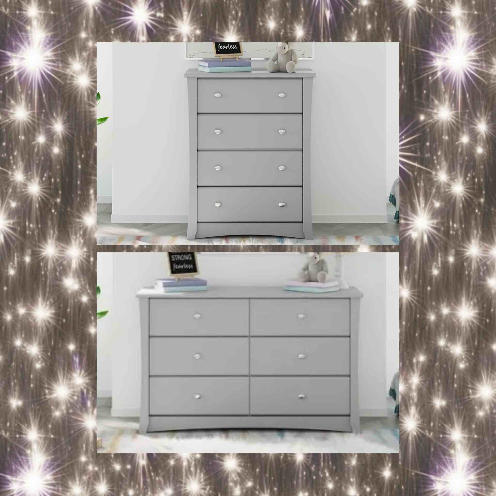 (2 ITEM SPECIAL) Storkcraft - Crescent 6-Drawer Double Dresser - Pebble Gray & Storkcraft Crescent 4 Drawer Dresser with Interlocking Drawers - Pebble Gray