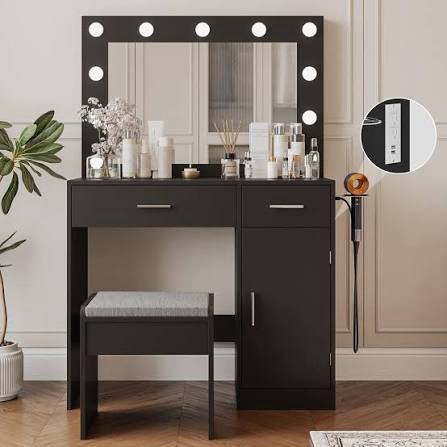 vanity, vanity desk with mirror, large drawer and power socket with 11 light bulbs and 3 adjustable lighting modes, vanity table ideal for bedroom (black)