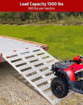 garvee 50x76 inch aluminum tri-fold ramp with treads, 1500lbs atv ramp with load straps, folding ramp for motorcycles, truck bed, atvs, utvs, trailer, tractor,lawnmowers, snow blowers