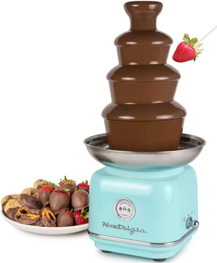 Nostalgia 4 Tier Electric Chocolate Fondue Fountain Machine for Parties - Melts Cheese, Queso, Candy, and Liqueur - Dip Strawberries, Apple Wedges, Vegetables, and More - 32-Ounce - Aqua