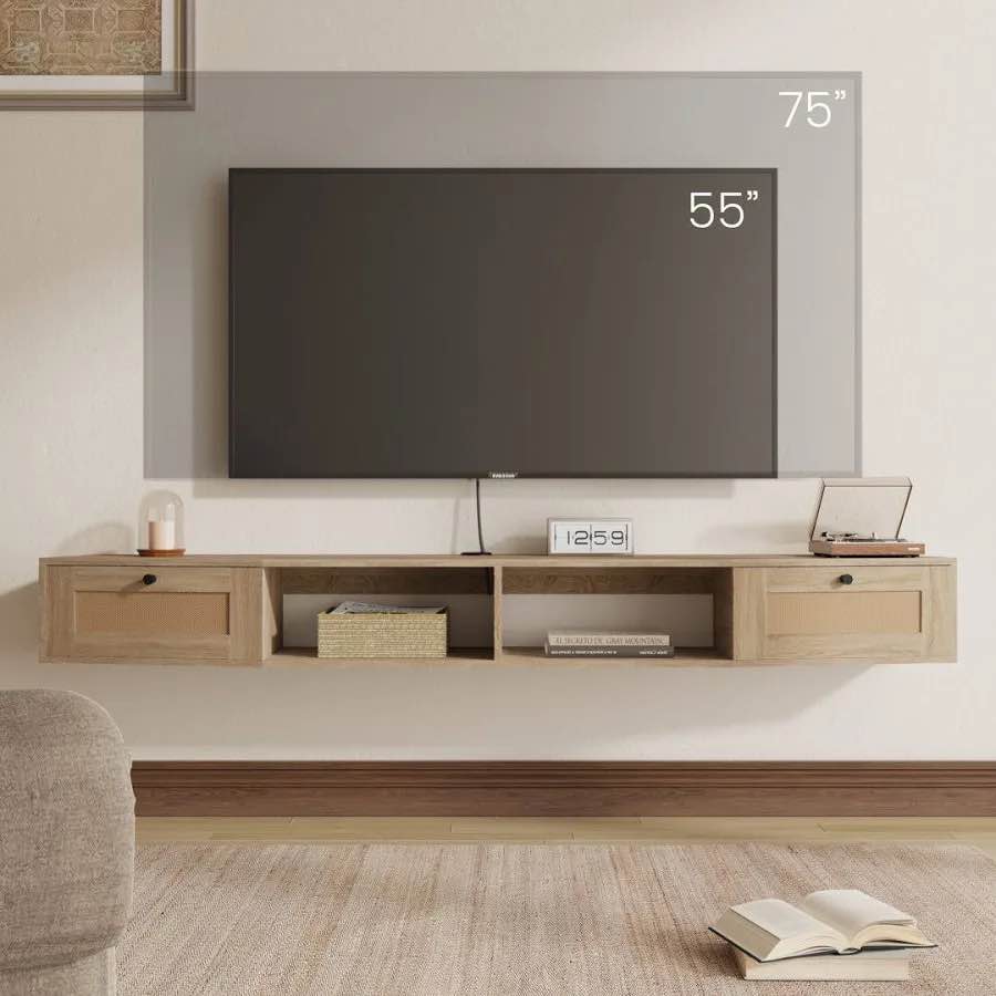 walker edison modern rattan flip-down-door wall-mounted floating stand for tvs up to 80 inches, 70 inch, coastal oak