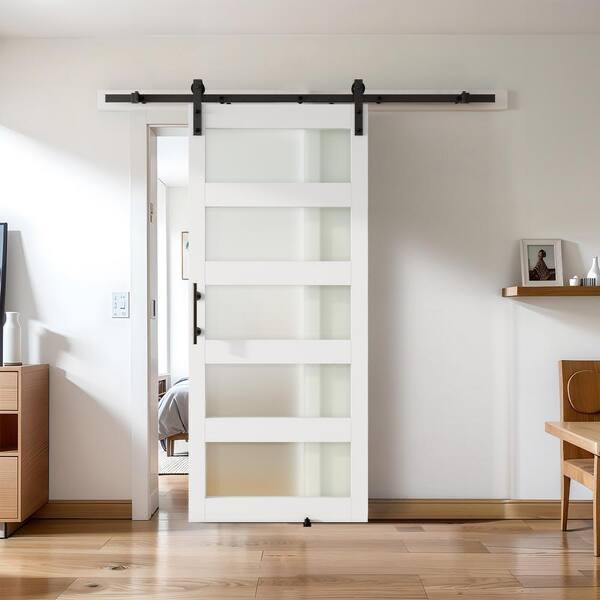 GOLDENPOLEY 28 in. x 84 in. 5-Lite Frosted Glass White Finished MDF Sliding Barn Door with Hardware Kit