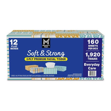 member's mark 2-ply facial tissues, flat boxes (160 tissues/box, 12 boxes)
