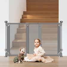 no drill baby gate for stairs no bottom bar, 34-55'' walk through baby gate with large walk thru door, expandable dog gate indoor punch free pet gate for doorways mesh child gate, gray