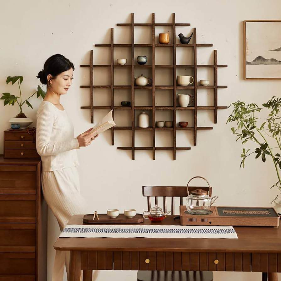 Wood Teapot Display Wall Decoration, 39 x 39 Inches Sphere Chinese Solid Wooden Tea Cup Holder Wall Mounted Coffee Mug Display Shelf for Living Room Kitchen Tea Room Office (Dark Brown)