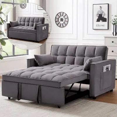 Tiramisubest - 3 in 1 Sleeper Sofa Bed, 55" Convertible Pull Out Couch with Adjustable Backrest for Living Room, Bedroom (Dark Gray) - Dark Gray