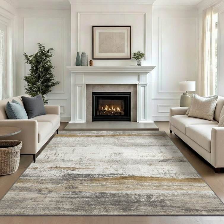 8 ft x 10 ft modern abstract gray/white/gold machine washable area rug