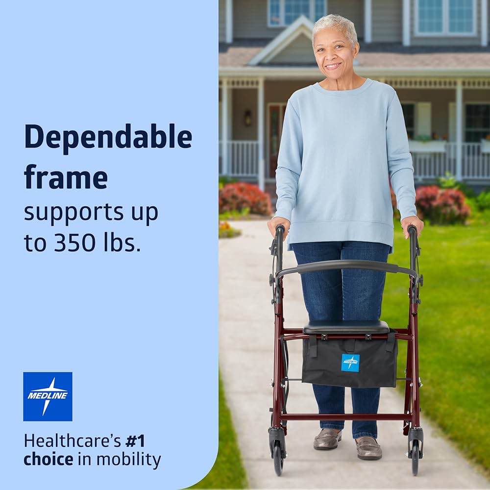 Condition photo showing New/Like New for Medline Steel Rollator Walker Folding Rolling Walker 6 Wheels 350lb Weight Capacity Burgundy Red Frame