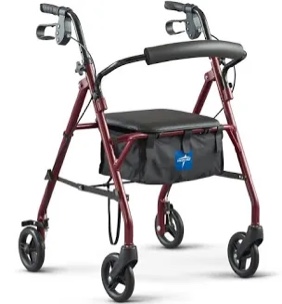 Medline Steel Rollator Walker  Folding Rolling Walker  6  Wheels  350lb Weight Capacity  Burgundy Red Frame
