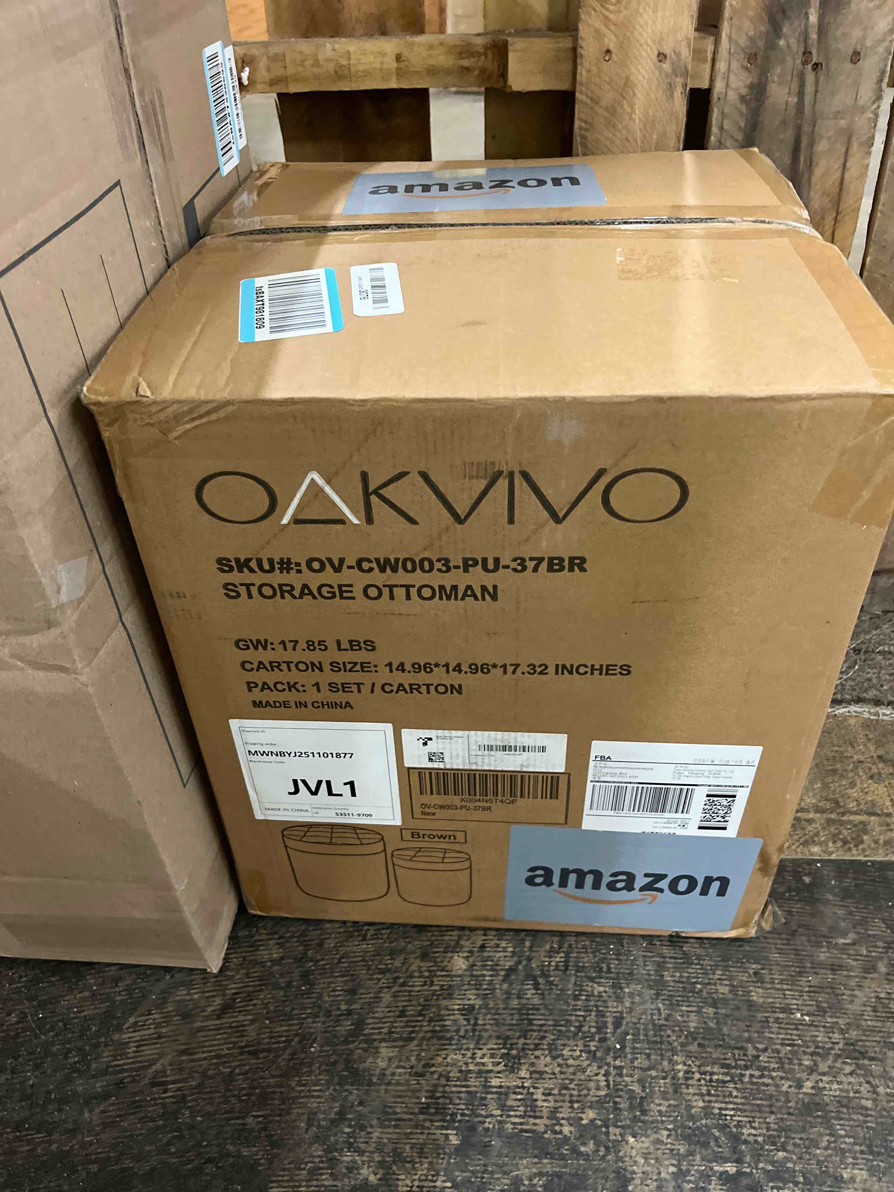 Condition photo showing New/Like New for Round Ottoman with Storage Set of 2, 12.6"W x 14.17"H & 14.76"W x 17.32"H Faux Leather Button Tufted Storage Ottoman, Boucle Vanity Stool Footrest Coffee Table for Living Room, Bedroom, Brown