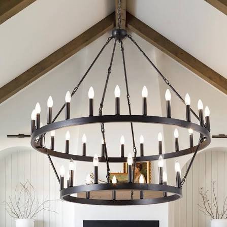 Condition photo showing New/Like New for 48 Inch Large Black Wagon Wheel Chandelier,2 Tier 36-Lights Farmhouse Industrial Country Style Round Pendant Light Fixture for Outdoor Porch high Ceilings Living Dining Room Foyer Entryway